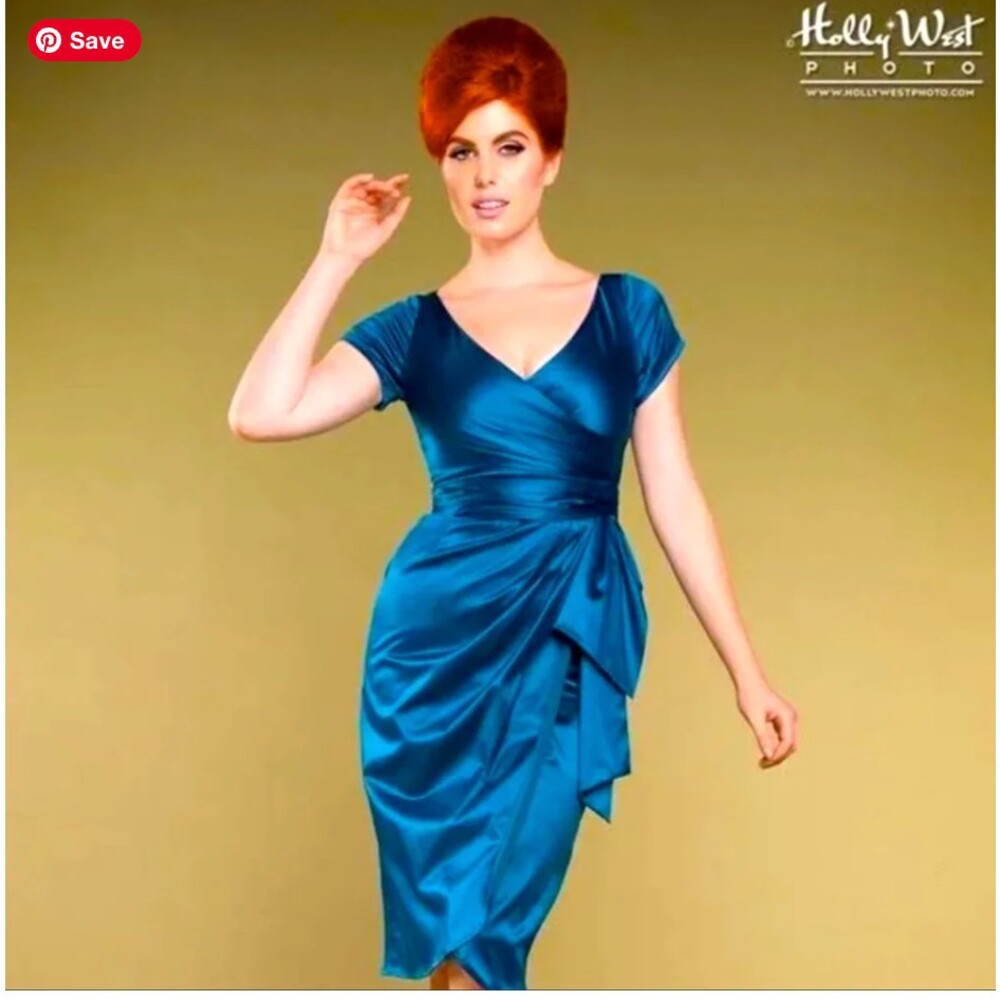 NWT Pinup Couture Ava Faux Wrap Wiggle Dress Teal Satin Retro Rockabilly Sz 2X
